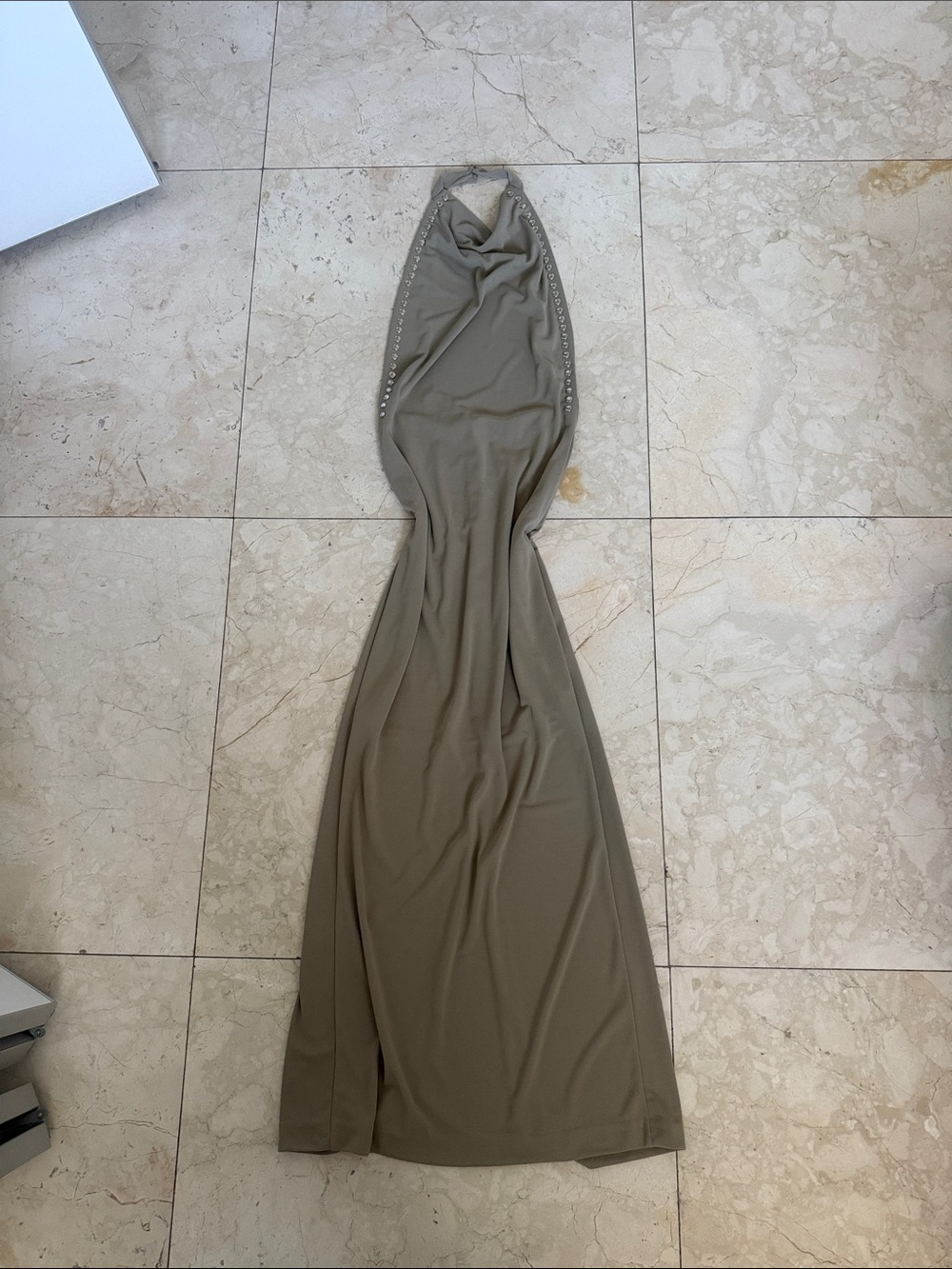 Zara Olive Halter Maxi Dress with Stud Trim